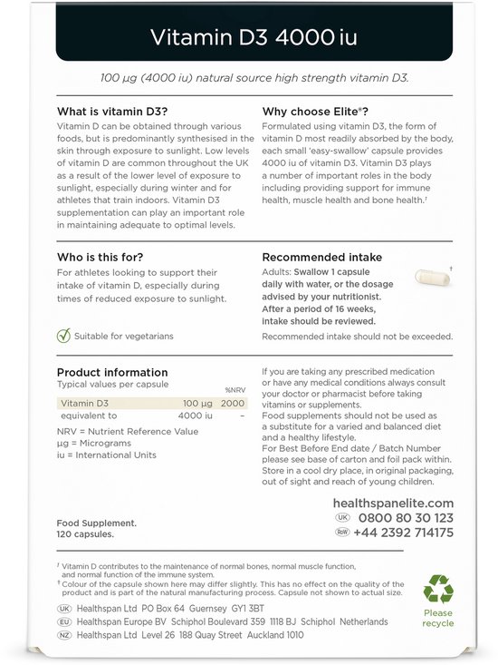 Verpakking van Healthspan Elite Vitamin D3 4000iu met informatie over gebruik en ingrediënten.
