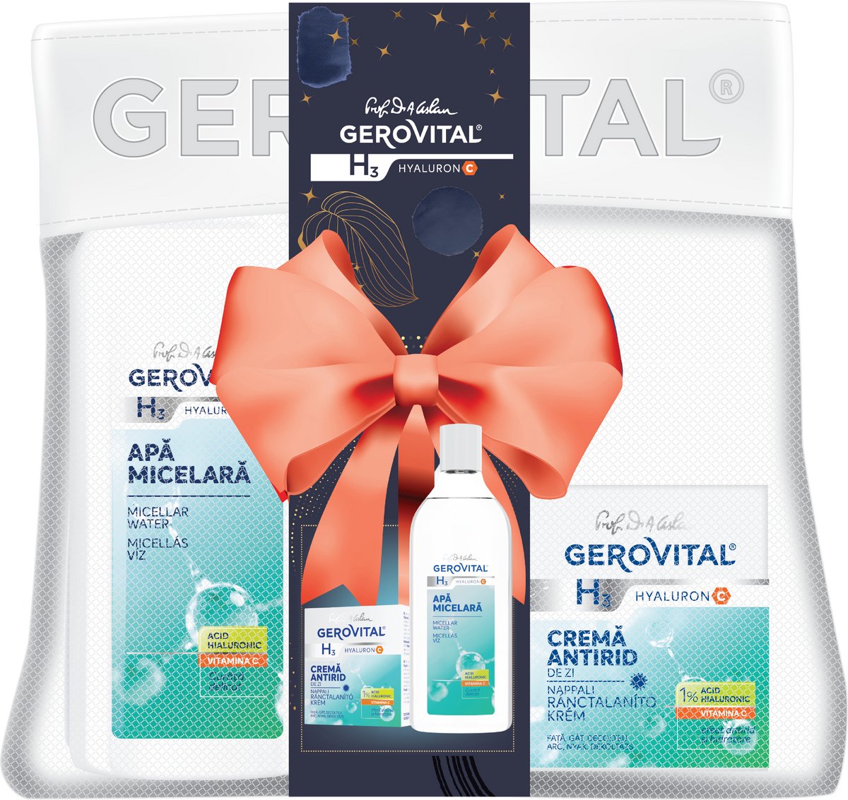 Gerovital GIFTSET Huidverzorging Geschenkset : Antirimpel dagcreme voor vrouwen - hyaluronzuur en vitamin C + Micellar Water - Gift Pack - Gerovital H3 Hyaluron C - 50 ml | 400 ml - cadeauset