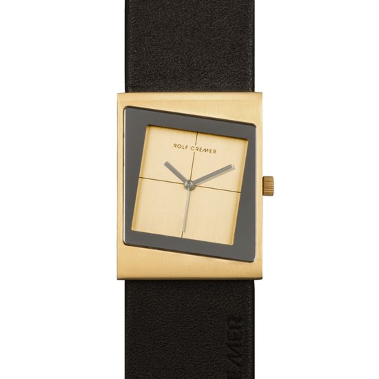 Gouden vierkant horloge met zwarte wijzerplaat en band