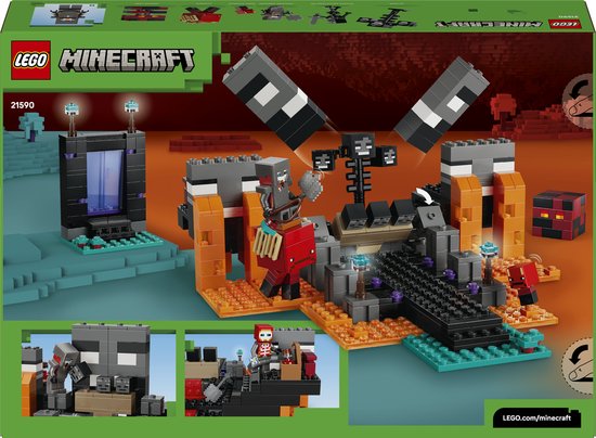 Arrière de la boîte du set LEGO Minecraft Wither Battle avec Wither, squelettes, portail et blocs de construction orange et gris.