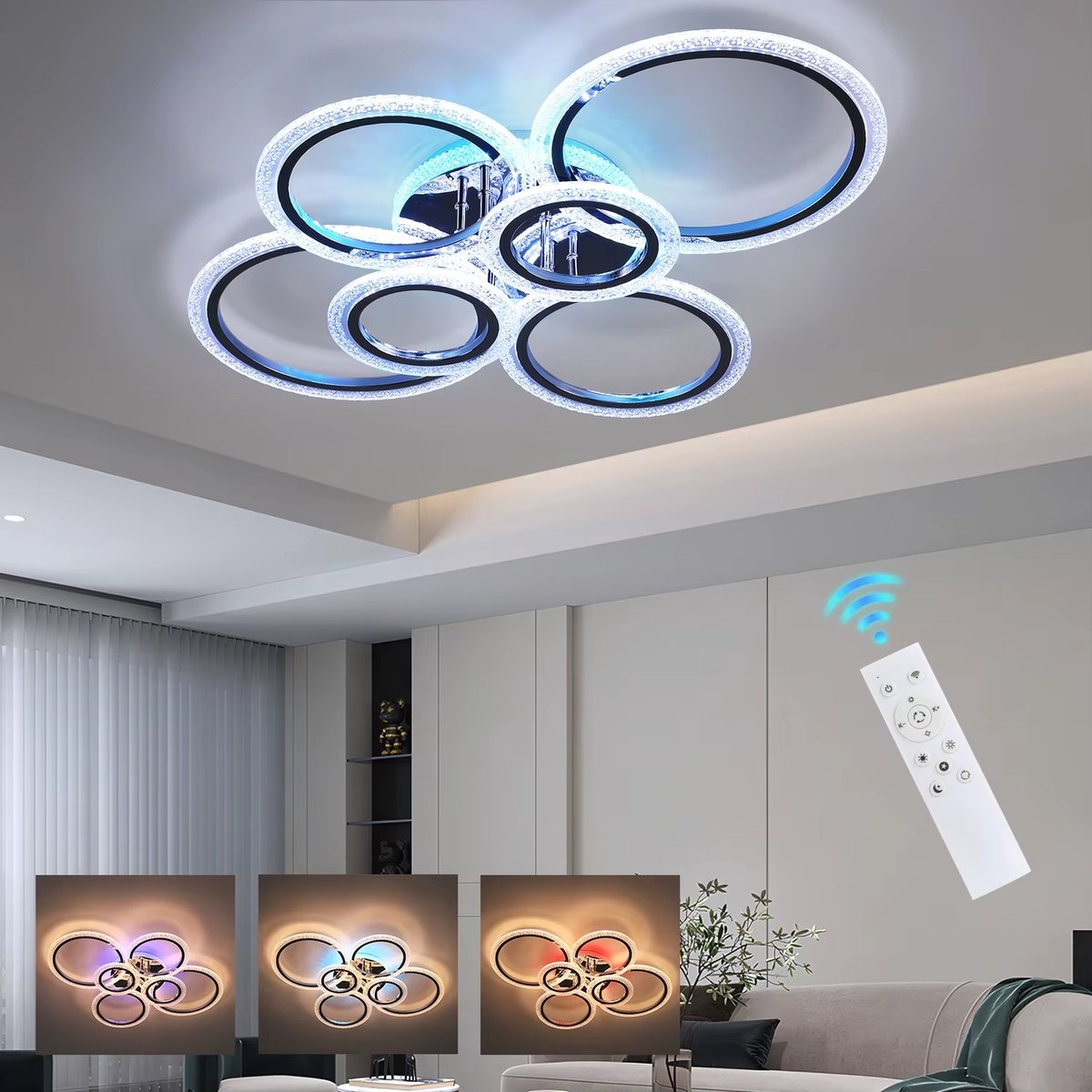 6 Ringen RGB Plafondlamp - Crystal Kroonluchter - 12 Kleuren - LED Plafondlamp - Dimfunctie - Plafoniere - Woonkamerlamp - 60W