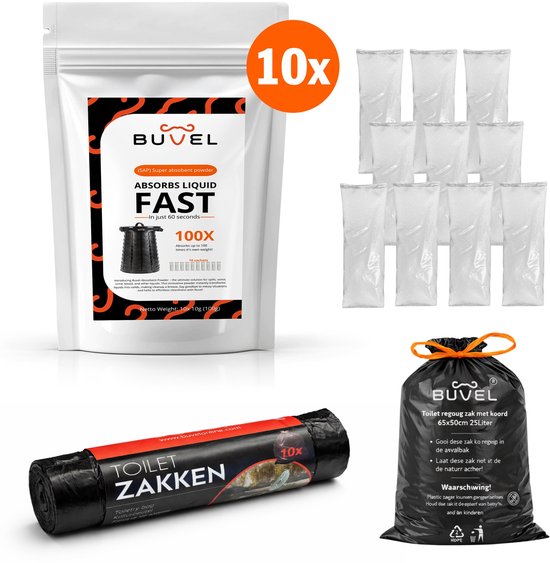 Buvel® Set Vocht Absorptie Zakjes + Toiletzakken - Droogtoilet - Campingtoilet - Chemisch toilet - 10 + 10 stuks
