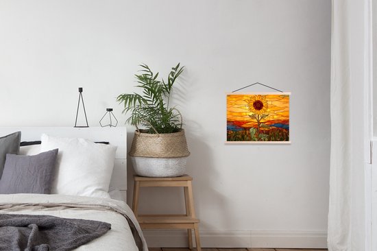 Posterhanger incl. Poster 40x30 cm - Schoolplaat - Zonnebloem - Mozaïek - Zonsondergang - Geel - Textielposter - Blanke latten