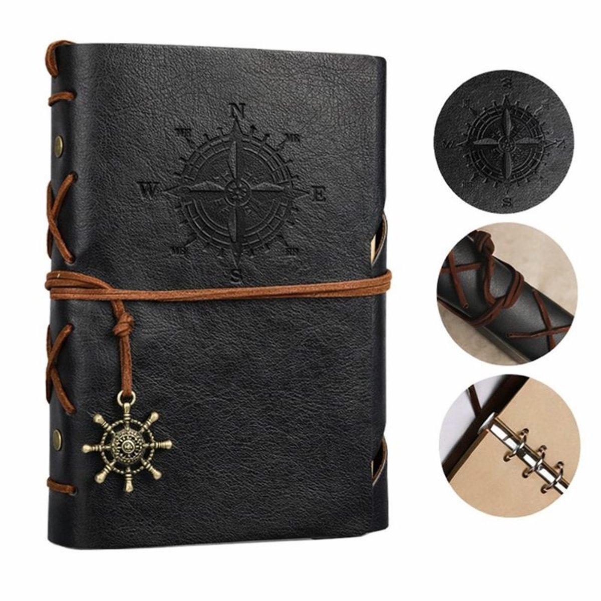 Goodz4All Vintage Lederen Notitieboek met Windroos 15x10CM - Zwart - Journal Schetsboek Notebook - Cadeau idee - Blanco Papier - Travel Journal Reis Dagboek Retro