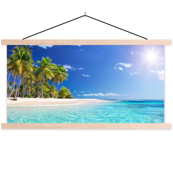 Posterhanger incl. Poster 90x45 cm - Schoolplaat - Strand - Zee - Palmboom - Zon - Zomer - Textielposter - Blanke latten