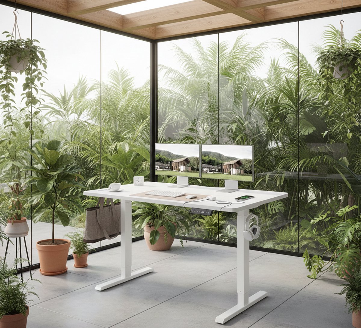 Elektrisch Zit-Sta Bureau 100x60 cm – Stil & Krachtig – Met USB-A & USB-C Oplaadpoorten – 72-118 cm Verstelbaar – Ergonomisch Sta Bureau Voor Thuis & Kantoor – Wit – House&Garden