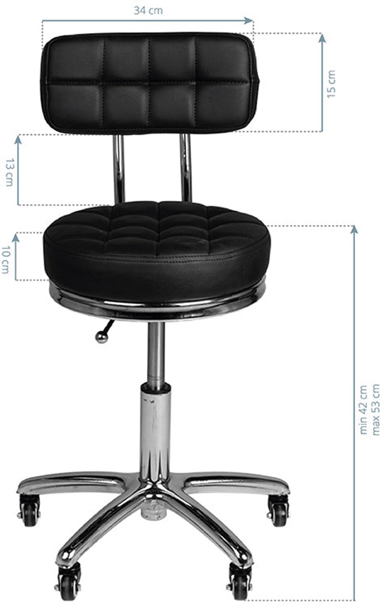Cosmetische Ergonomische Kruk AM-877 Zwart – Met Rugleuning – In Hoogte Verstelbaar – Op Wielen – Voor Salon en Praktijk