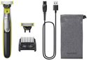 Philips OneBlade trimmer, extra trimkop, opzetkam, USB-kabel en opbergzakje.