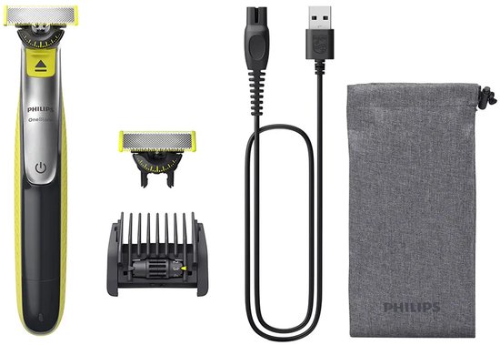 Philips OneBlade trimmer, extra trimkop, opzetkam, USB-kabel en opbergzakje.