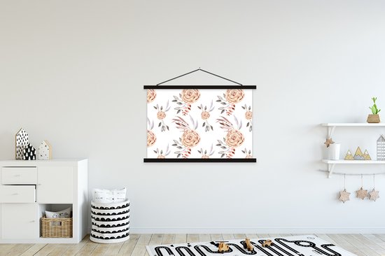 Posterhanger incl. Poster 150x100 cm - Schoolplaat - Rozen - Goud - Bruin - Wit - Textielposter - Zwarte latten