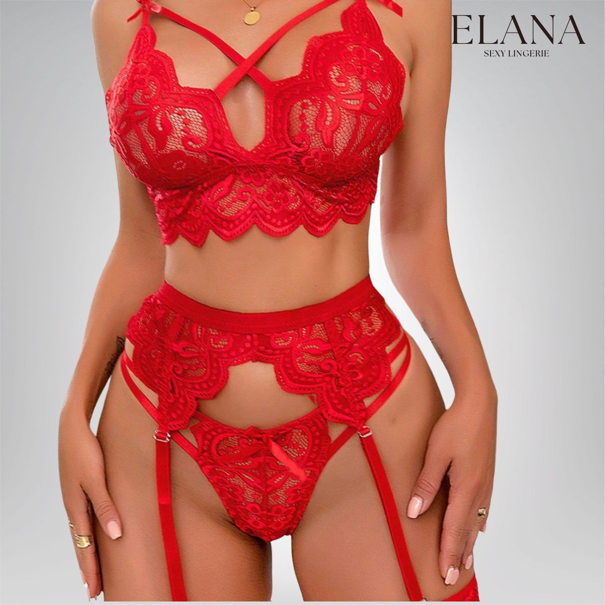 Elana Sorina – Luxe Kant Lingerie Set met Bh, String & Jarretels – Verleidelijke Dames Lingerie – S – Rood
