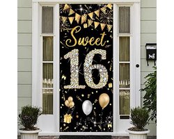 Verjaardagsdeurbanner - Feestdecoratie - Zestien Vieren - Duurzaam polyester - 1.91m x 0.91m - Zwart Goud