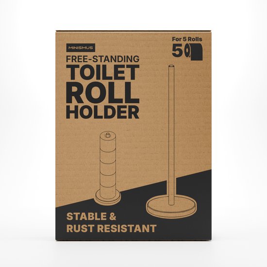 Doos van een zilverkleurige, vrijstaande toiletrolhouder voor 5 rollen.