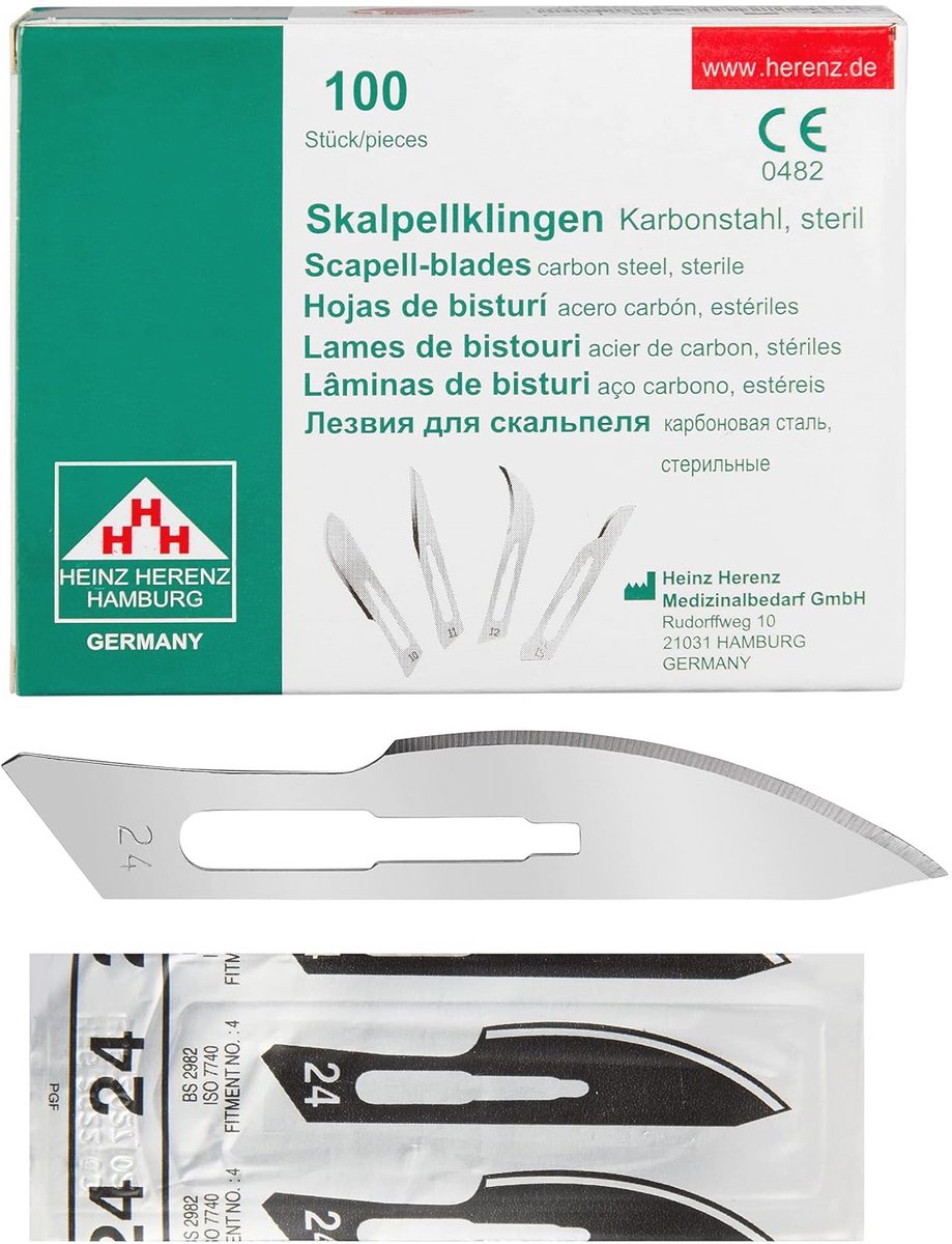 Scalpelmessen figuur 24 - 100 stuks voor scalpelhouder nr. 4 - afzonderlijk steriel verpakt