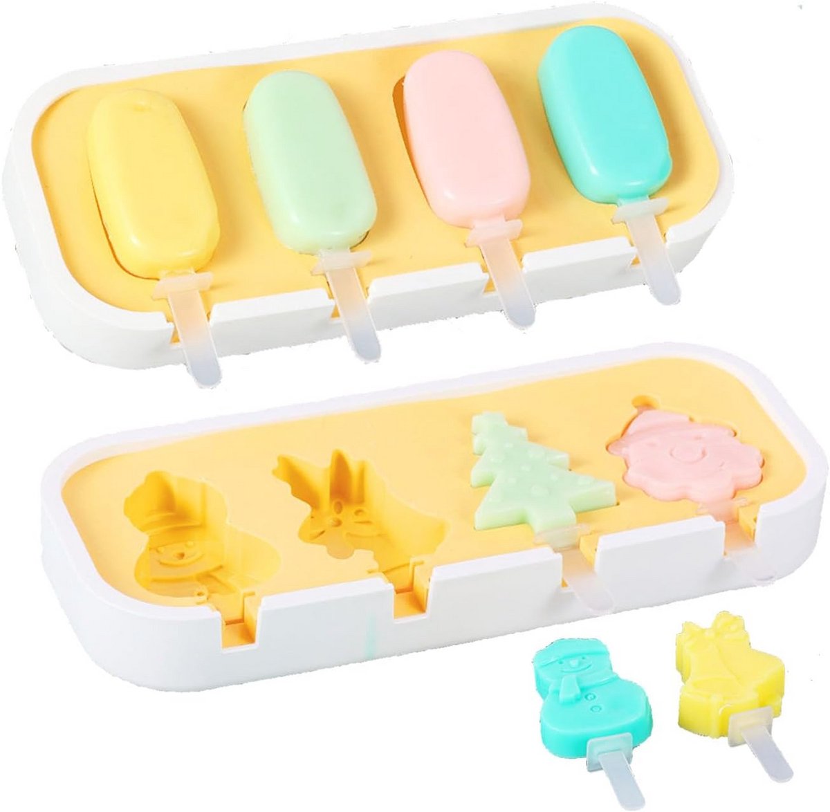 Siliconen ijslollyvormen set van 4, herbruikbare en lekvrije deksels, stapelbare diepvriescontainers voor kinderen en feestdagen, inclusief 12 sticks