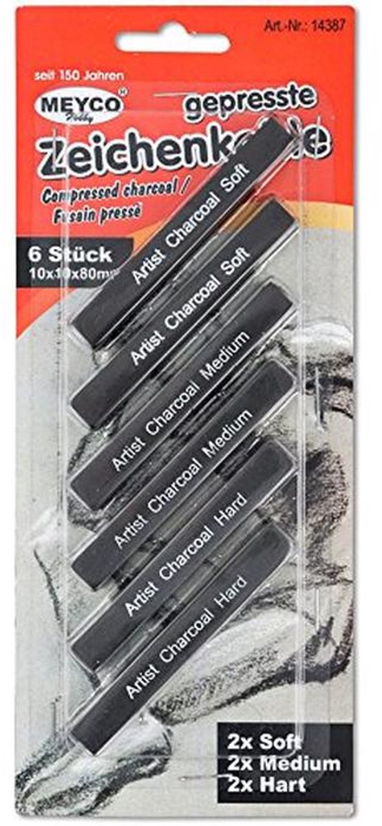 Geperste Tekenkool Set - Zacht, Medium en Hard - 6 Stuks