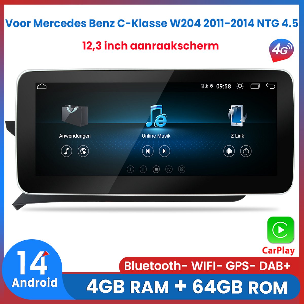 Awesafe 12.3 Inch Autoradio - Geschikt Voor Mercedes Benz C-Klasse W204 2011 t/m 2014 - NTG 4.5 systeem - Draadloos Apple CarPlay & Android Auto - 4GB +64GB - 8 kern (Core) - GPS Navigatie Bluetooth WIFI - Radio Scherm - 2011 2012 2013 2014