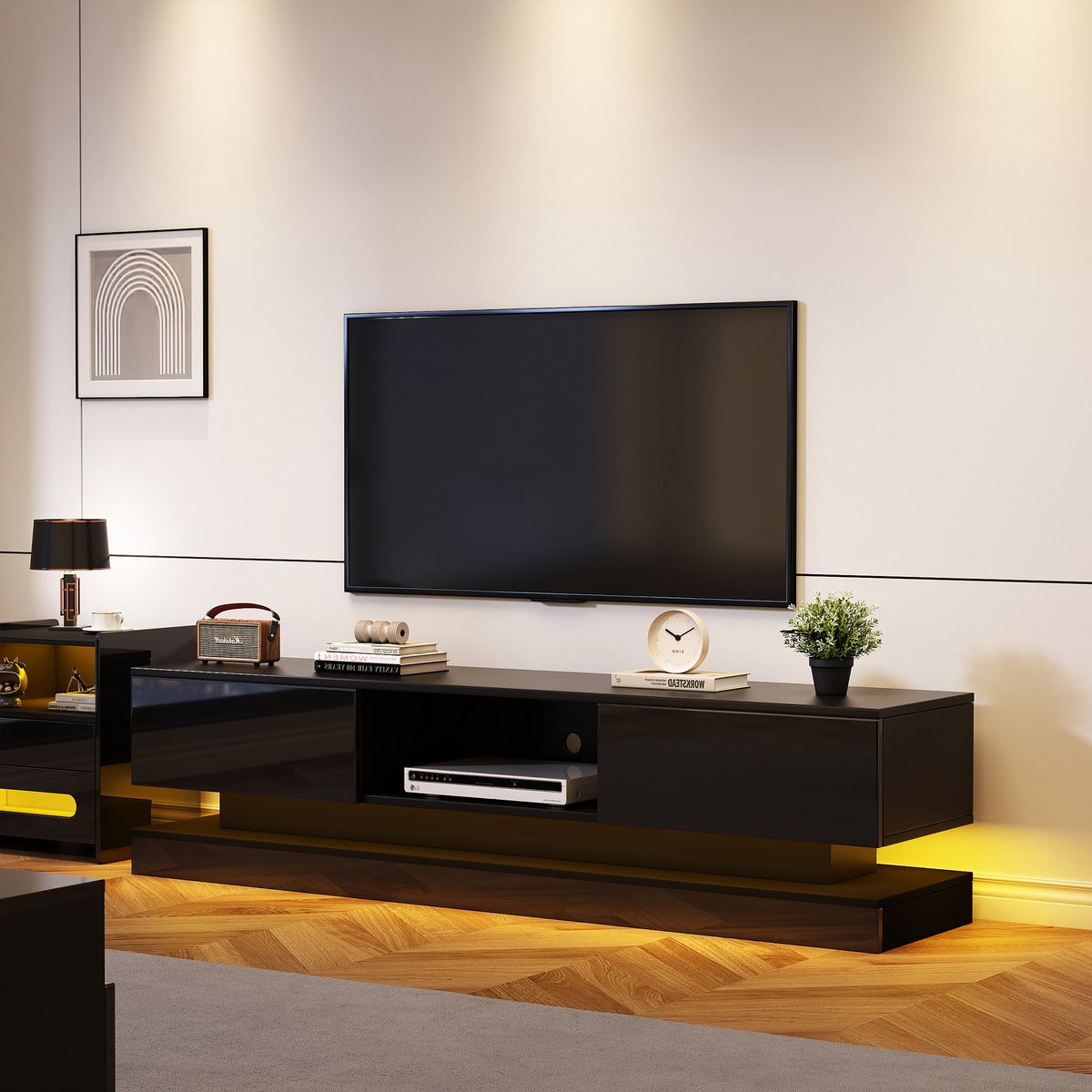 STILVORA TV-Kast - Hoogglans TV-Meubel Met LED En 2 Laden - Anti-Kantel En App-Gestuurde Verlichting - Spaanplaat - 160x35x40,5 cm - Zwart