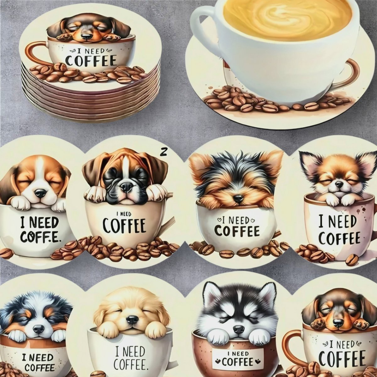 Onderzetters - I NEED COFFEE - 8 stuks - Puppies - Set van 8 - Onderzetters - Coasters - Houten onderzetters - Onderzetters voor glazen - Onderleggers voor glazen of Kopjes - Grappige teksten - Verjaardagscadeau - Fun Cadeau — cadeau in Wonen & Interieur - foto 2
