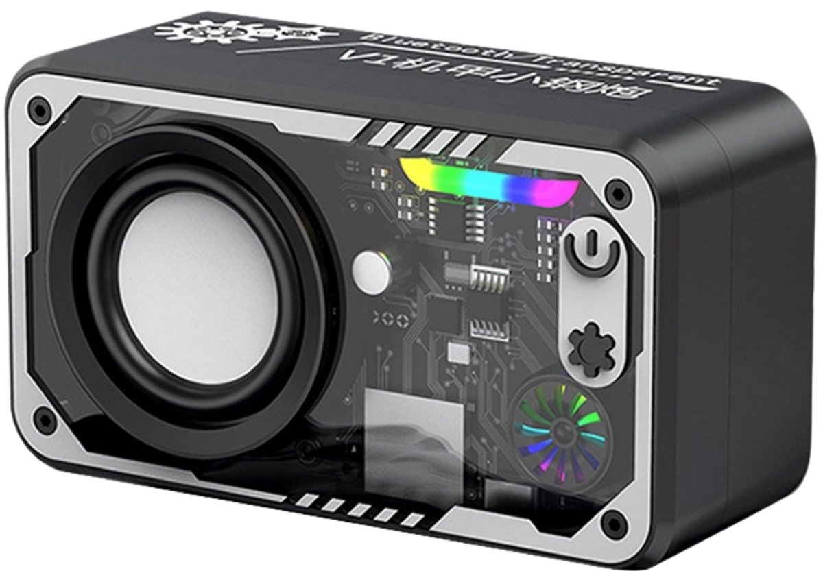Fivesquare SteelCannon RGB Speaker – Mini Bluetooth Speaker met Transparant Industrieel Design, 5W Bass & RGB Ambient Licht Zwart