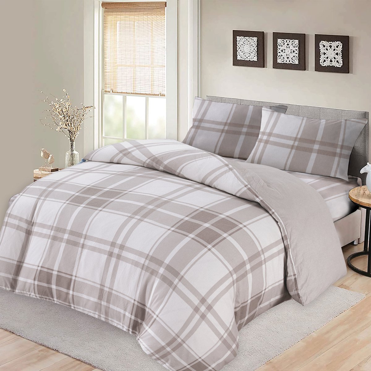 Bed Glow & Apparel – 2-Persoons Dekbedovertrekset 200x200 cm met 2 Kussenslopen 60x70 cm – 100% flannel– grijze Vrierkanten