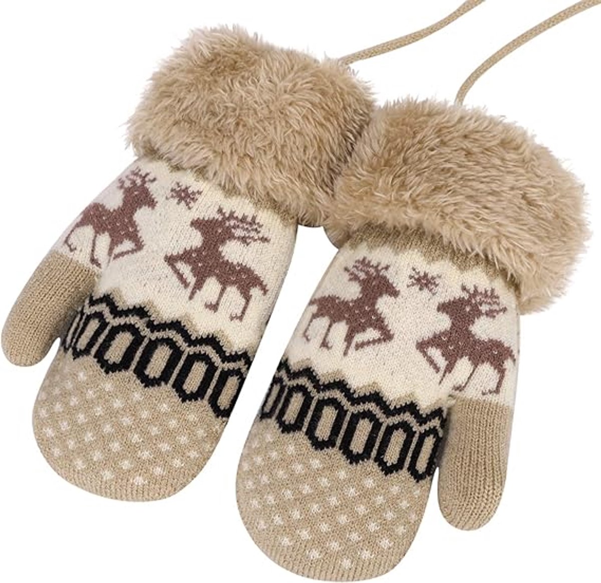 Dikke gebreide handschoenen voor kinderen, winterverwarmde wanten, warme handschoenen met fleecevoering, buitensporthandschoenen voor jongens en meisjes (beige)