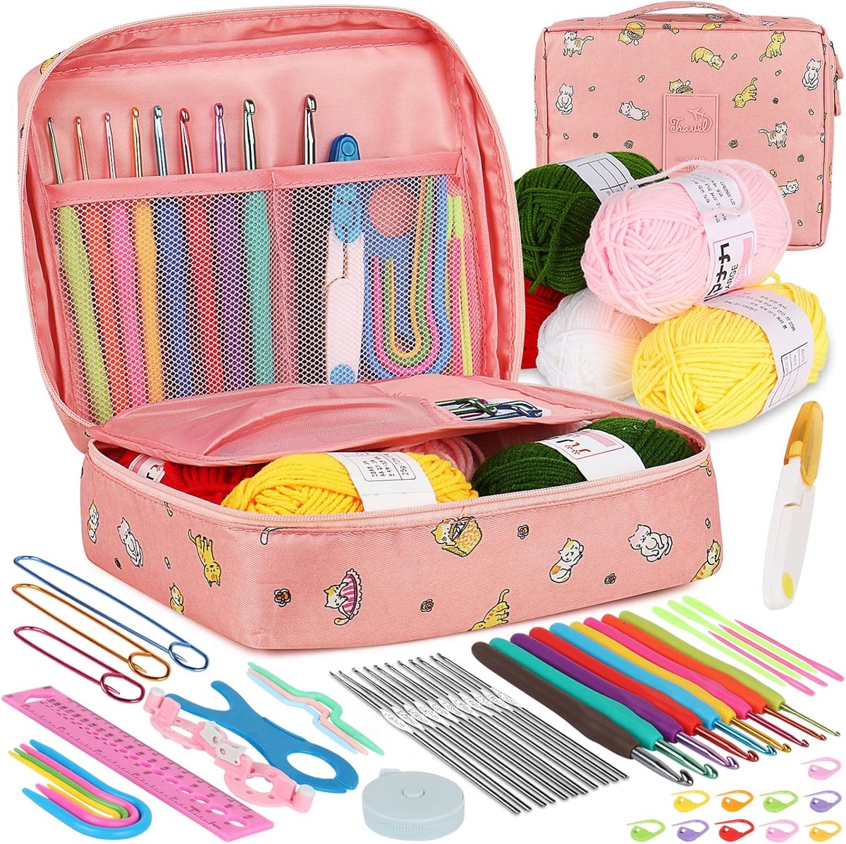 59-delige Haaknaaldenset voor Beginners – Ergonomische Haaknaalden met Garen en Accessoires in Roze Katten Tas (0,6–6 mm)
