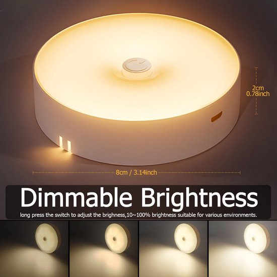 Oplaadbare Mini LED Nachtlampjes Draadloos, 2 Stuks Warm Wit Dimbare Wandlamp voor Trappen, Kast en Gang — afbeelding 4