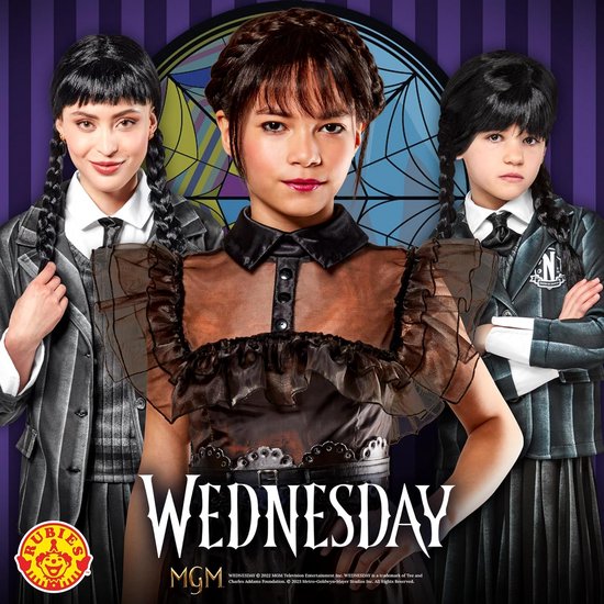 Chaks - Wednesday Addams jurk voor dames, officieel Wednesday kostuum, zwarte outfit met witte kraag voor Halloween & carnaval