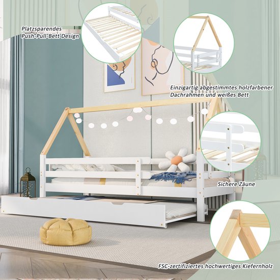 Lit cabane - lit enfant - lit gigogne - lit avec roulettes et fonction coulissante - cadre de lit avec toit en bois - 90x200 & 90x190 cm - sans matelas