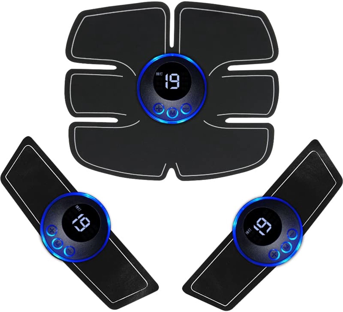 ABS Spiervormer 6-in-1 Set - EMS Spier Trainer met 6 Modes en 19 Intensiteiten - USB Oplaadbare Fitness Apparatuur voor Buik, Arm, Been - Incl. 10 Gel Pads en 2x 19 Intensiteit Stickers - Zwart
