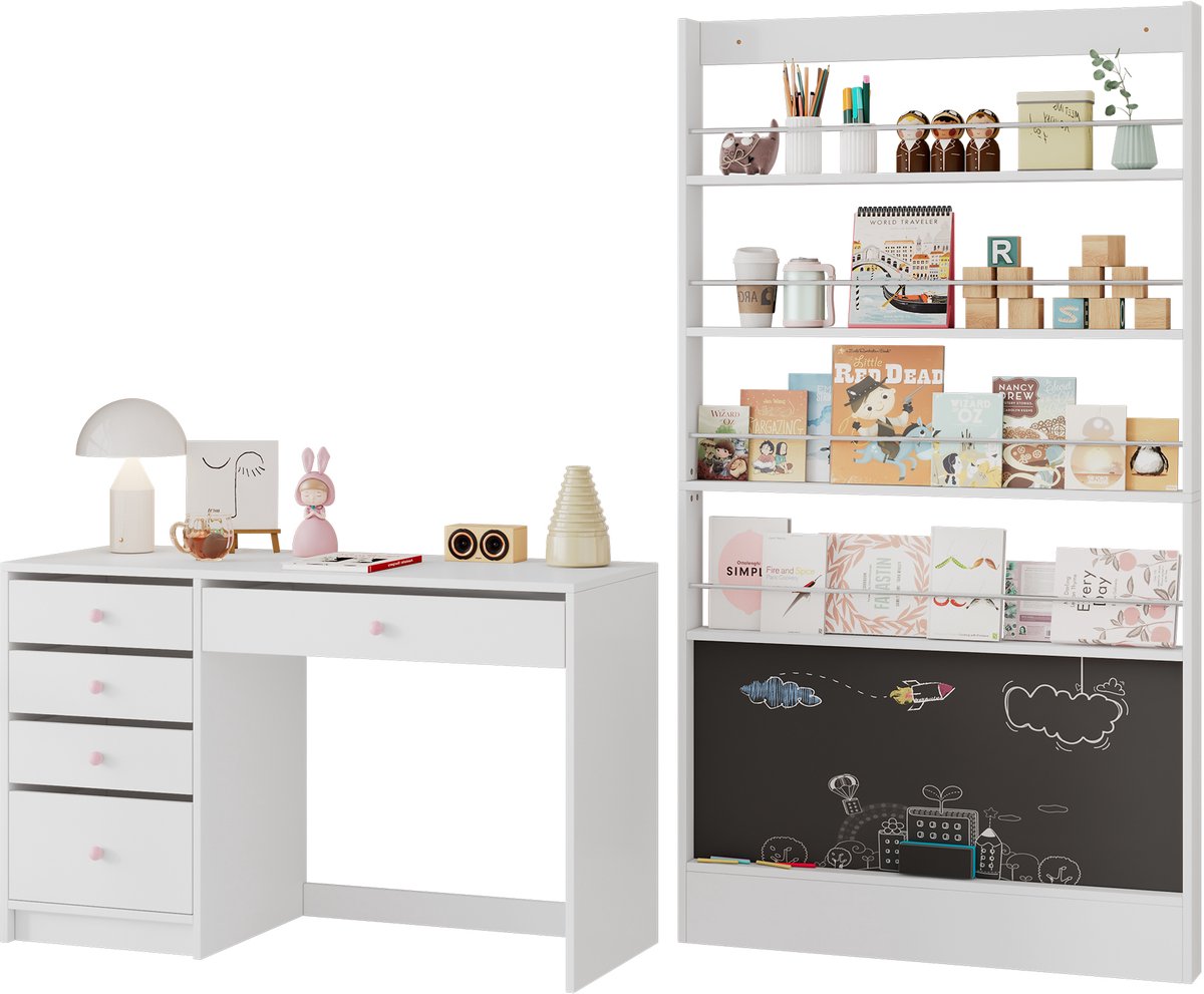 Bureau en boekenkastcombinatie - kindermuebleset - studeerkamermeubilair - tweedelige bureau- en boekenkastcombinatie - wit