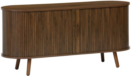 sweeek - Meuble TV scandinave, 2 portes coulissantes, 4 compartiments, effet bois rainuré, 120cm