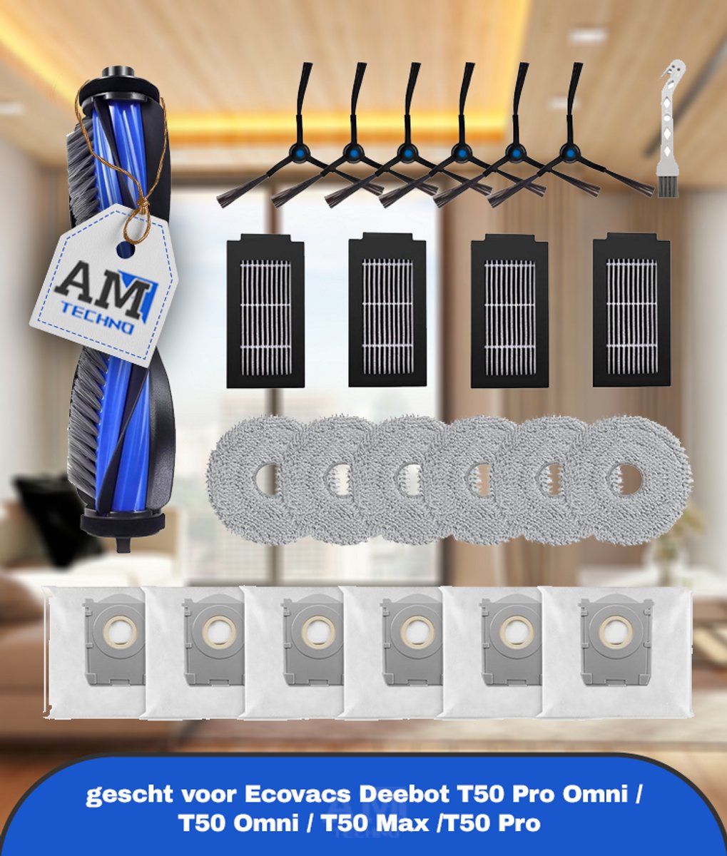 Accessoires gescht voor Ecovacs Deebot T50 Pro Omni / T50 Omni / T50 Max /T50 Pro stofzuiger, reserveonderdelen, accessoireset 1 hoofdborstel, 4 filters, 6 reinigingsdoeken, 6 stofzakken, 6