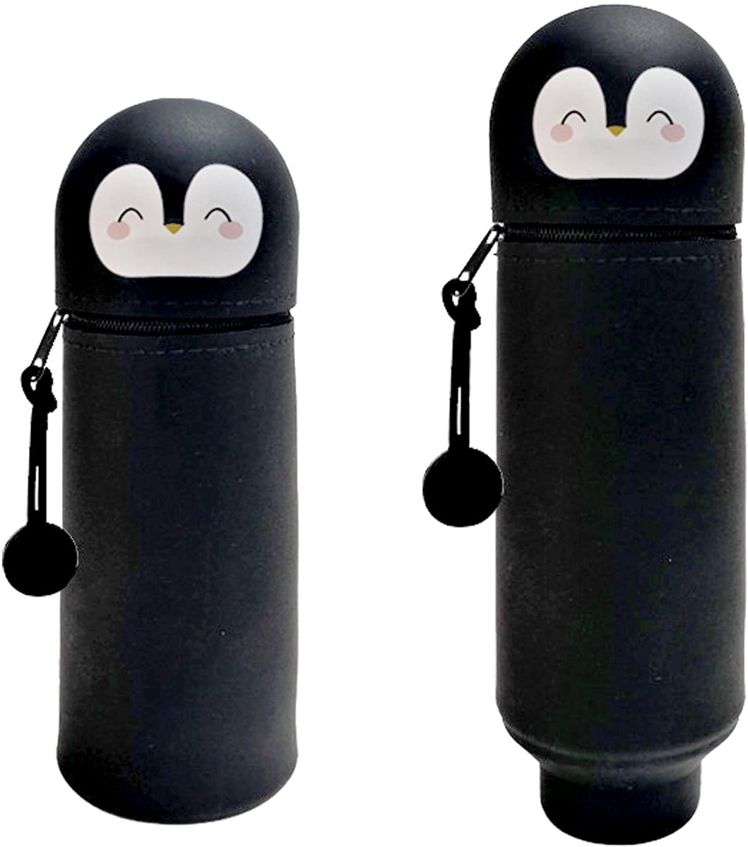 Kawaii zachte siliconen etui, 2-in-1 etui, etui, pennenhouder, rits voor studenten, tieners (19,5 x 6,5 cm) (Penguin)