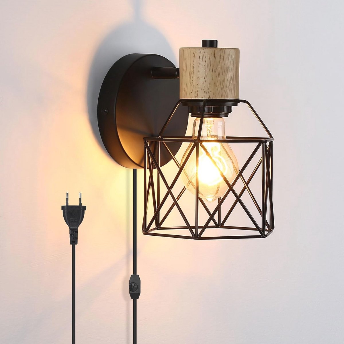 Wandlamp met Schakelaar en Dimbare Kabel - Vintage Industriële E27 Wandlamp van Hout en Metaal voor Woonkamer, Slaapkamer en Gang