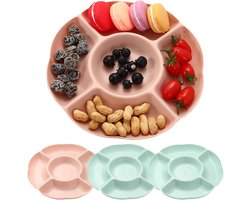 4 stuks snackborden met vakken - Snackborden met 5 vakken - plastic snackborden, fruitborden van kunststof - duurzaam - Herbruikbaar - voor noten, desserts,eten voor thuis en feest - roze - groen - 24.5cm