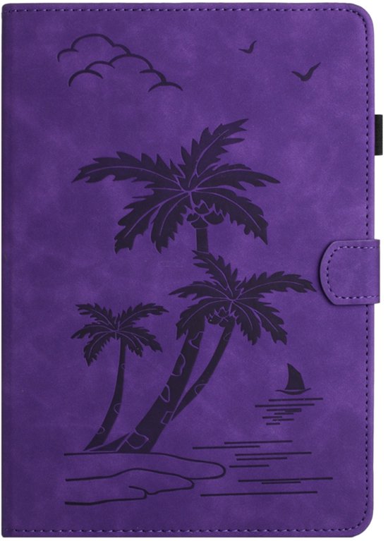 Paarse tablethoes met print van palmbomen op een strand, gesloten met een drukknoop.