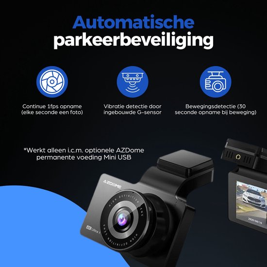 AZDome dashcam met automatische parkeerbeveiliging, G-sensor en bewegingsdetectie.