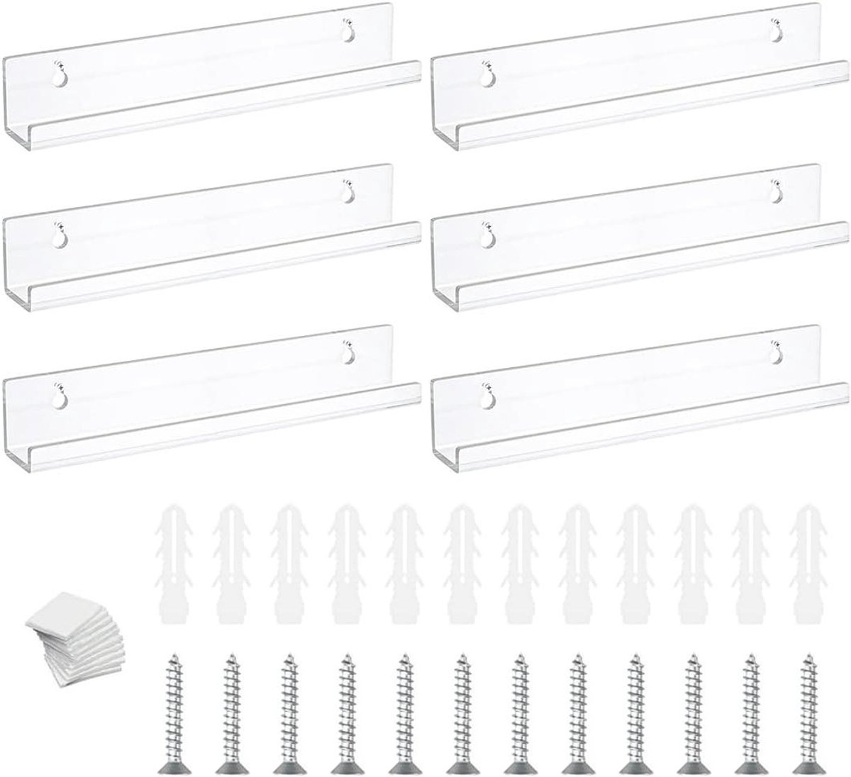 Allecta - Vinylplatenplank Set van 6 - Acryl Wandplank - Muurbevestiging - 30,5 x 4,3 x 4,5 cm - Voor Platen en Foto's - Inclusief Schroeven