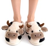 Zachte en warme katoenen slippers - koeienprint - dierenpantoffels - antislip en ademend - comfortabele slippers voor de herfst en winter - schattige pluche slippers met koeienprint - geschikt voor binnen en buiten - maat 38/39 - voetlengte 260 mm