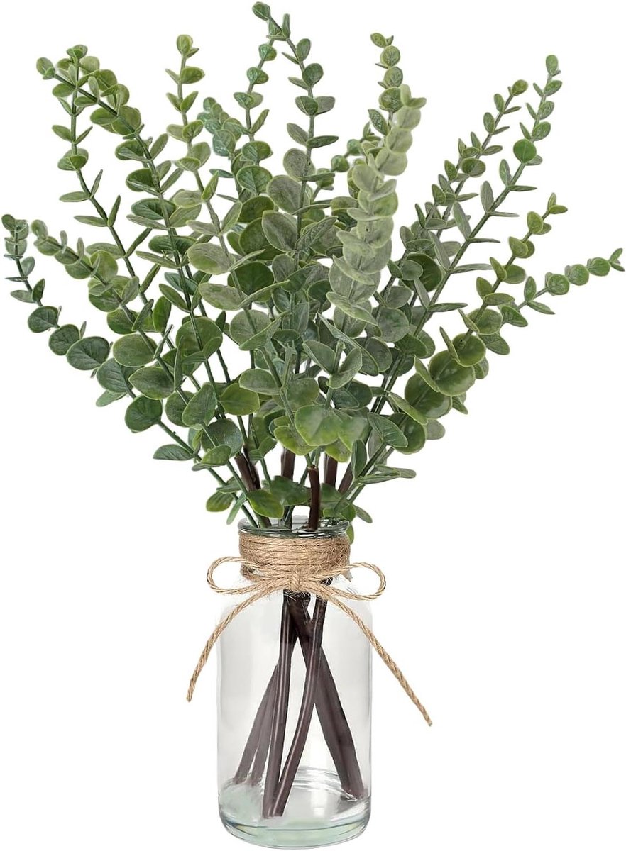 Allecta - Kunstplant Eucalyptustak in Glazen Vaas 43CM Groen Nepplant voor Thuis, Kantoor en Bruiloftsdecoratie