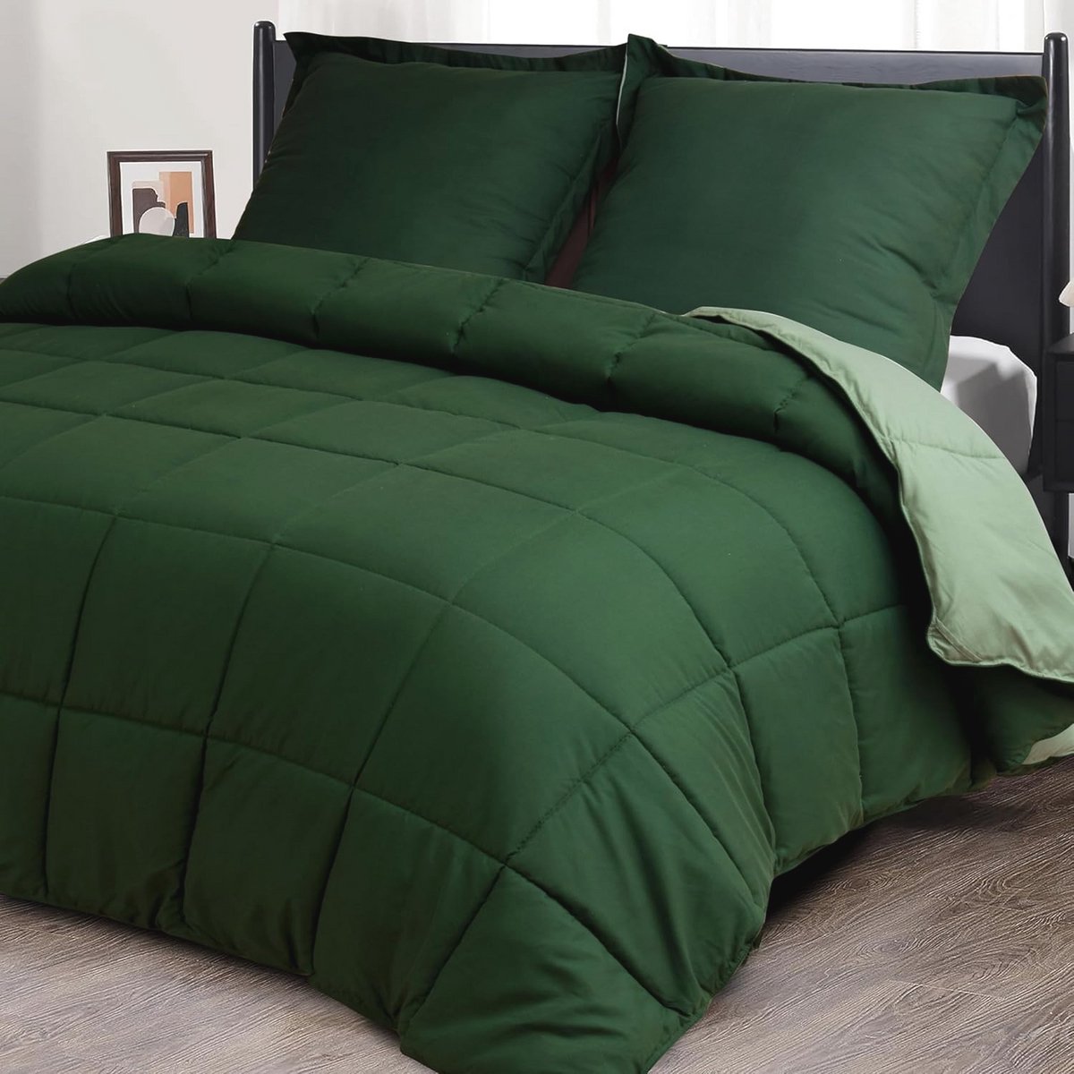Omkeerbare Beddegoedset 200x200cm met 2 Kussenslopen, Oeko-TEX, 4 Seizoenen, Groen/Lichtgr