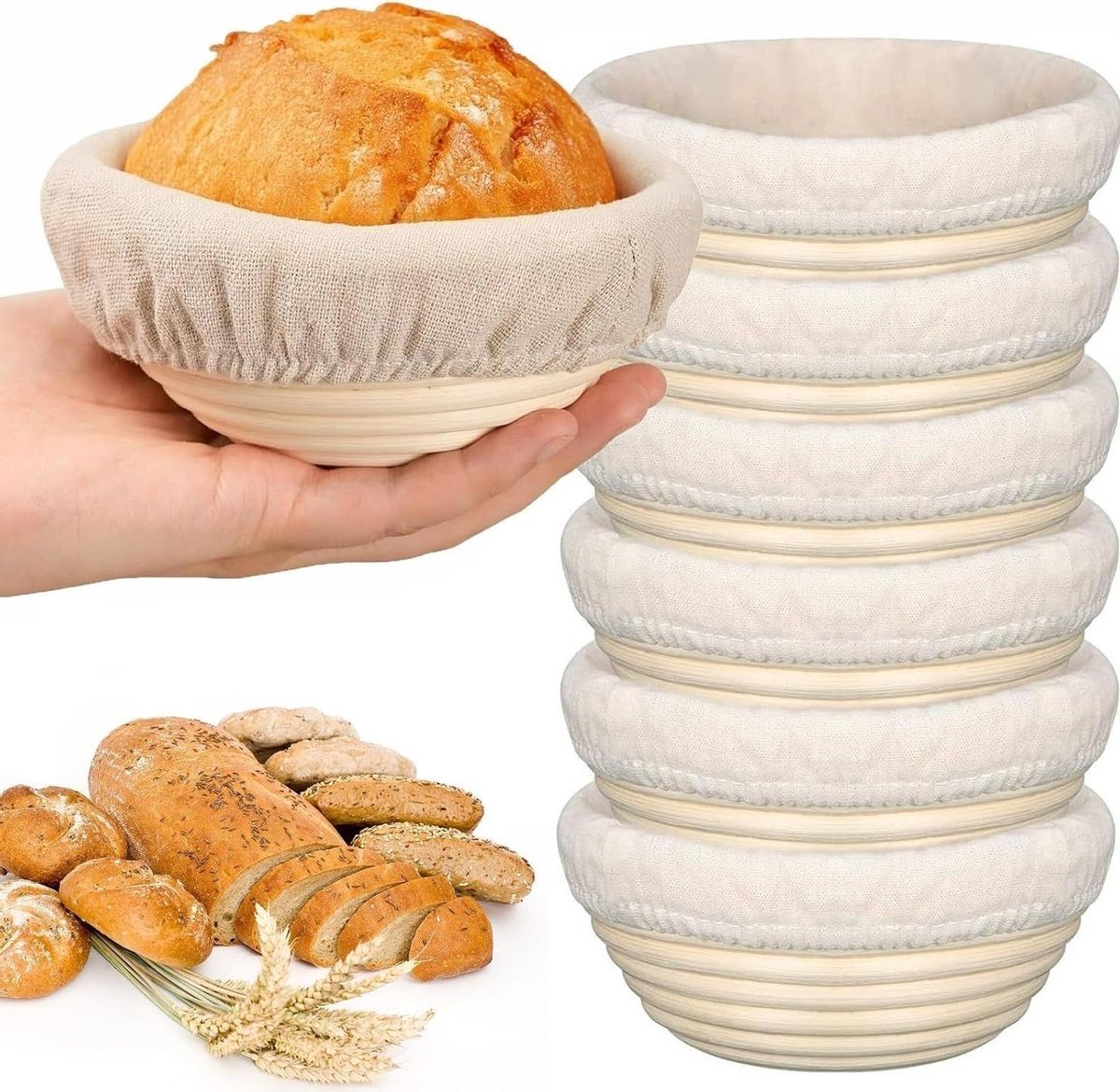 Allecta - Natuurlijk rotan rijsmandje set, 6 stuks, voor brood, rond 15 cm