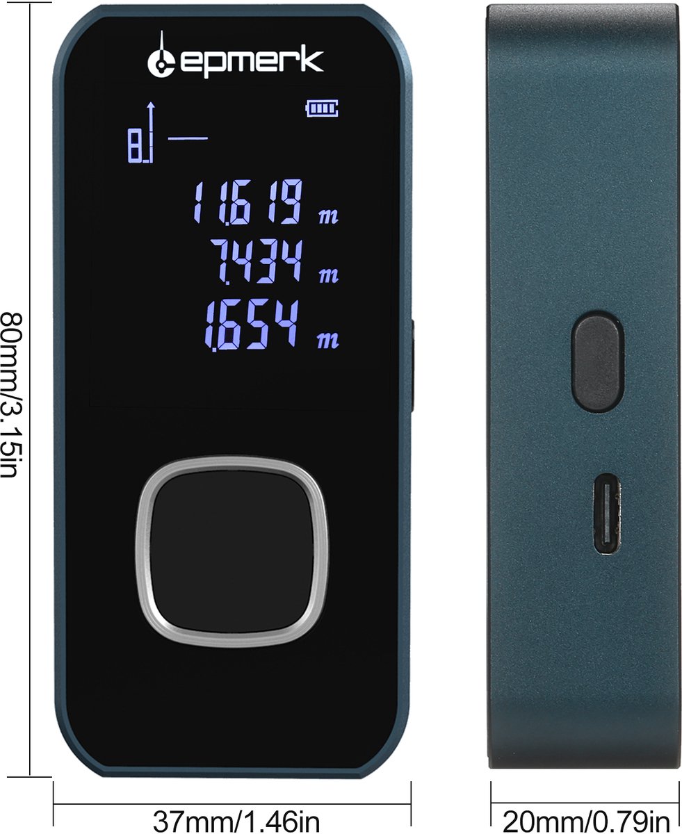 Lepmerk 196ft/60m Mini Lasermeter Digitale Laser Afstandsmeter Laser Meetinstrument Afstandsmeter met LCD-scherm met achtergrondverlichting Elektronische hoeksensor Oppervlakte, volume en omtrek meten