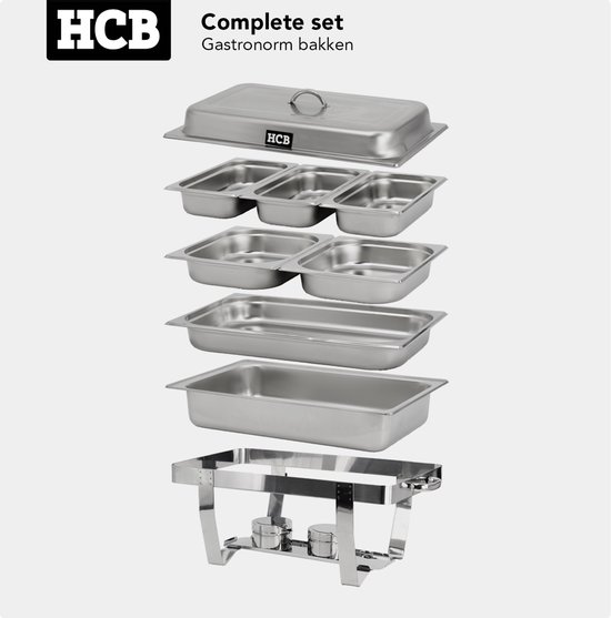 HCB® - Professionele Chafing dish - Incl. 6 GN bakken - RVS / INOX Buffetwarmer bakkenset - Incl. Gastronormbak - Bain marie - Horeca Warmhoudschaal - 3 kg - 7028 — afbeelding 4
