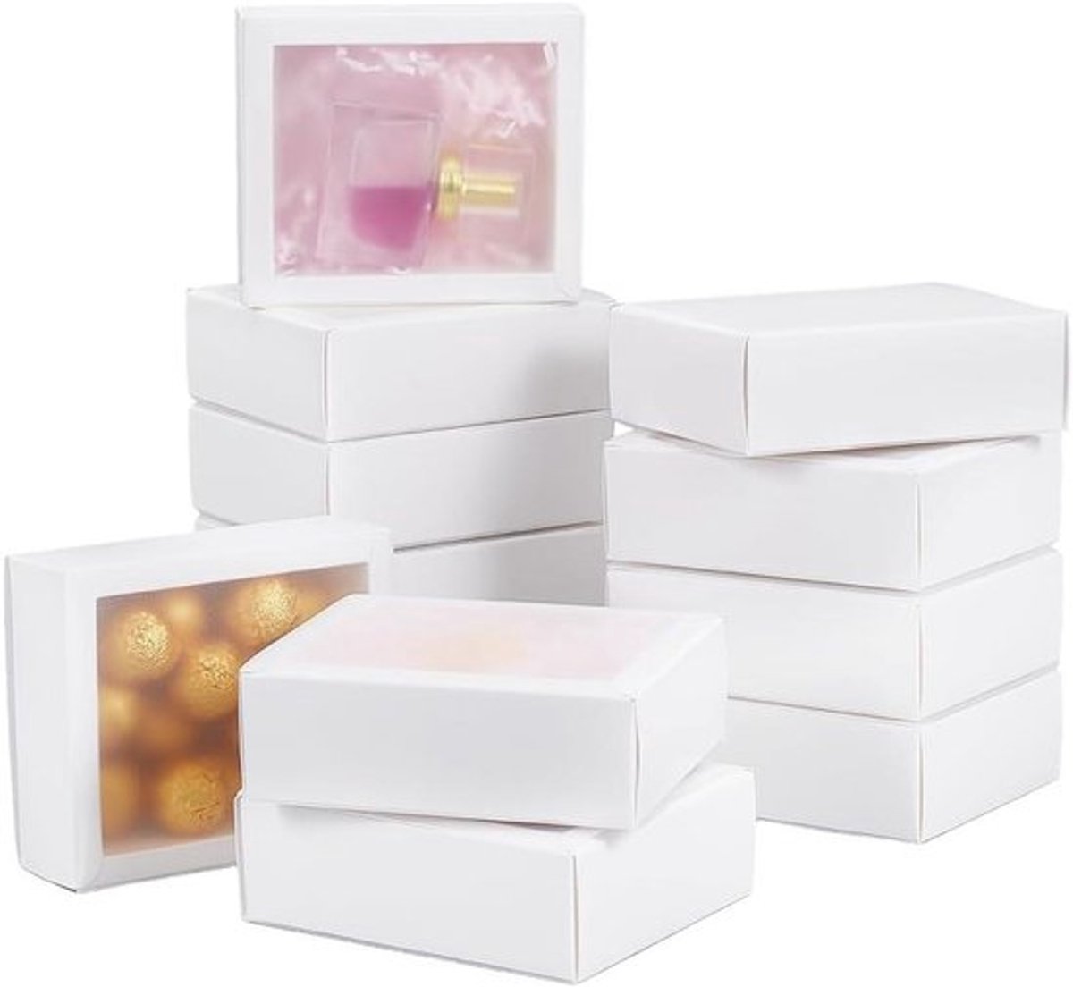 12 stuks witte papieren geschenkdozen met PVC ramen - Voor feesttraktaties, sieraden en meer - Set van 12 - Afmetingen 12,8 x 10,8 x 4,2 cm