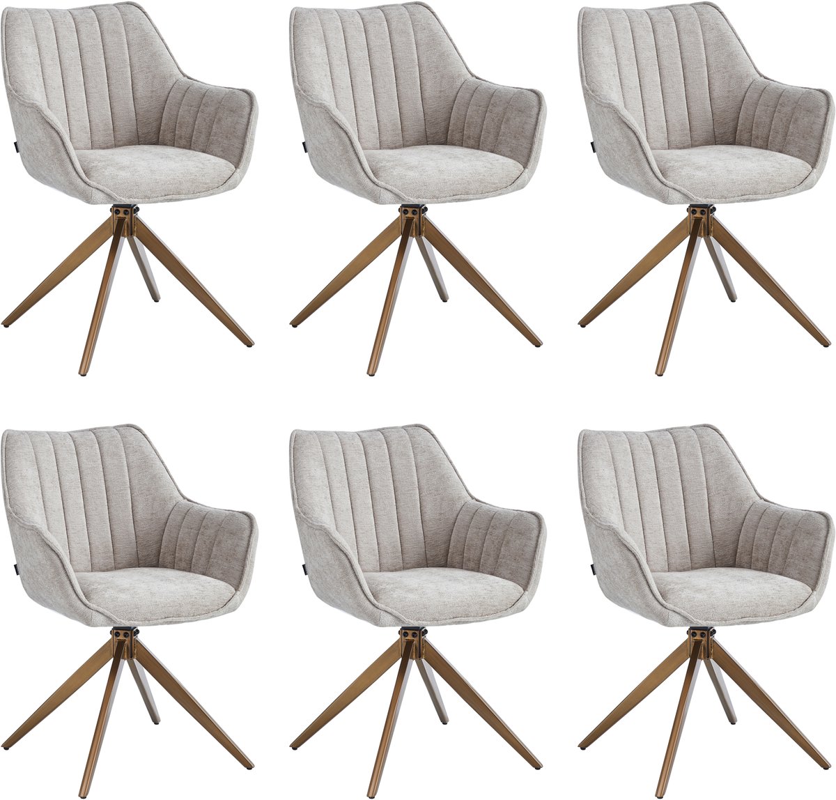 Colenis® - Yasmin Eetkamerstoelen - Set van 6 - Taupe - Chenille Stof - 180° Draaistoelen - Geborsteld Goud Poten - Gestoffeerde zitting