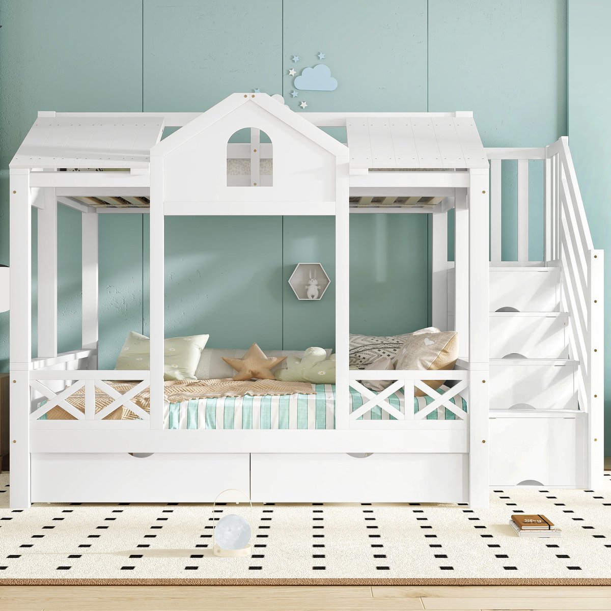Sweiko Stapelbed - 90x200cm & 140x200cm - 2 lades - Opbergruimte - Grenenhout + MDF - Kinderbed - Wit