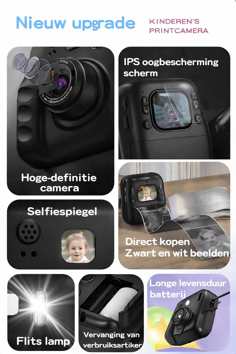 Jumalu Instant Camera – 2.4" HD Camera met Selfie Functie – 1080p – Inclusief 4 Rollen Fotopapier – Direct Print Camera voor Kinderen – Zwart thumbnail 6